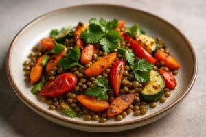 Salade de lentilles à la coriandre et légumes grillés