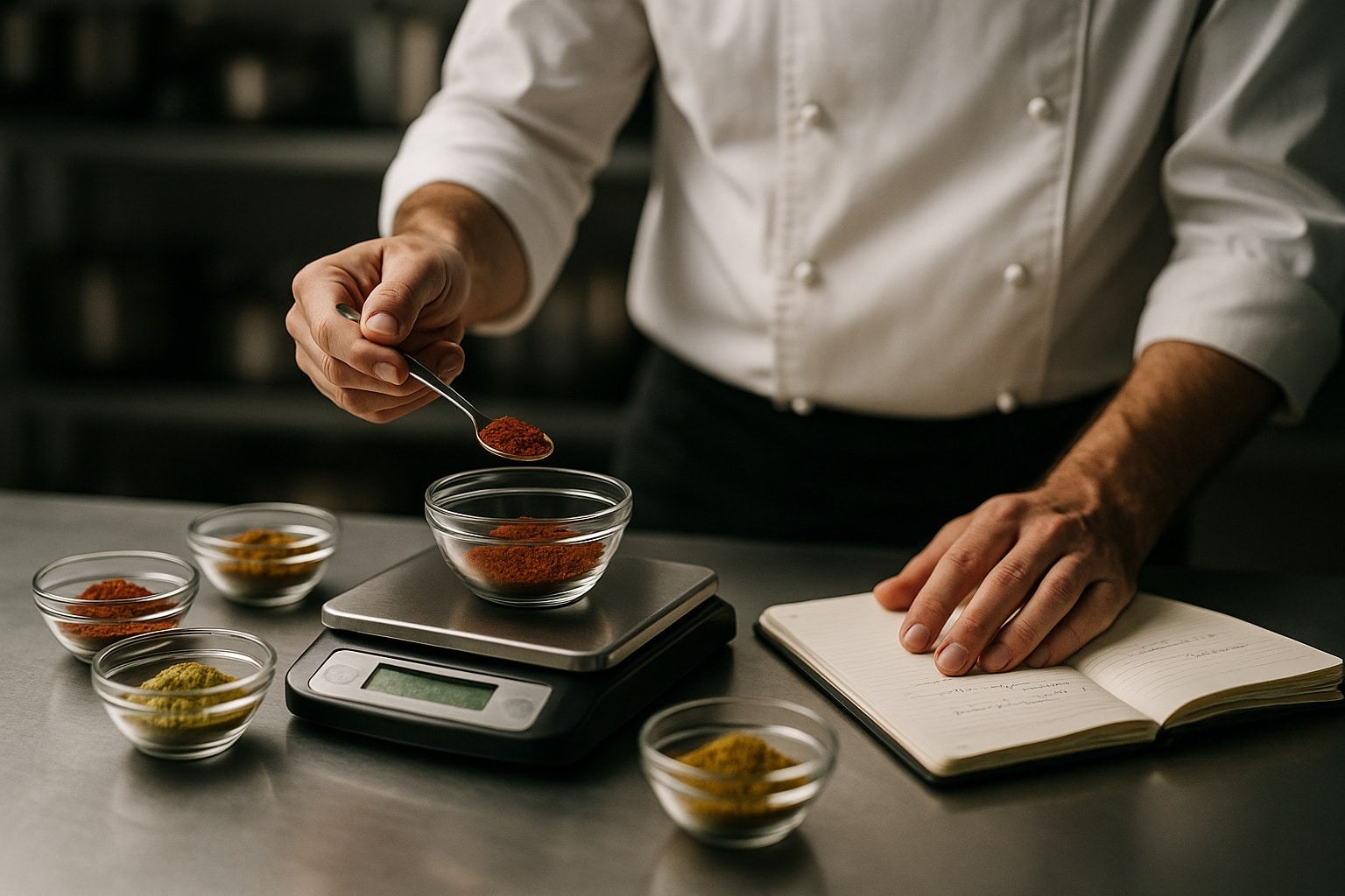 cuisinier qui pese les épices pour standardiser les recettes