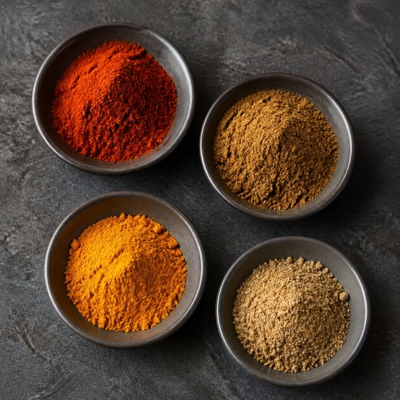 Paprika, cumin, curcuma et coriandre en poudre