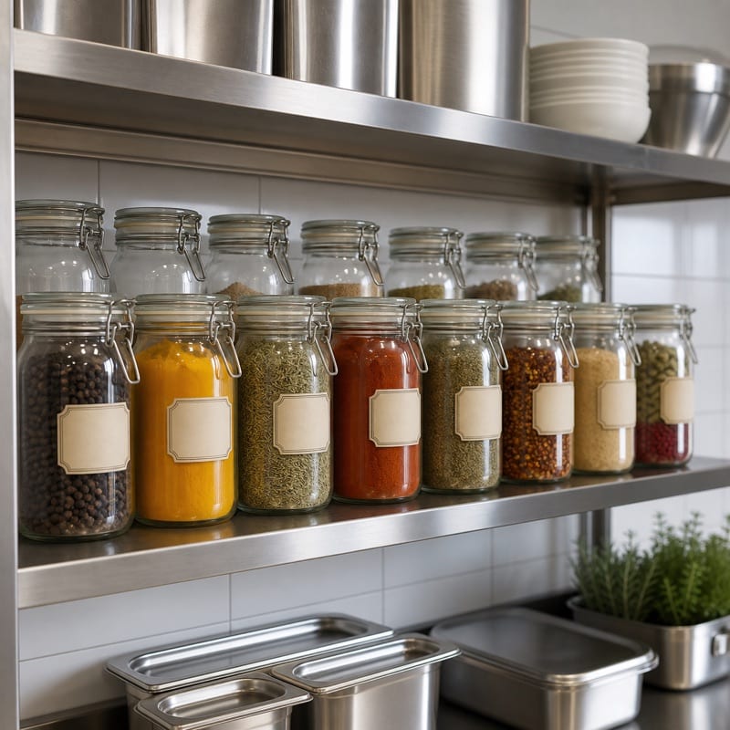 Stockage organisé des épices dans une cuisine professionnelle