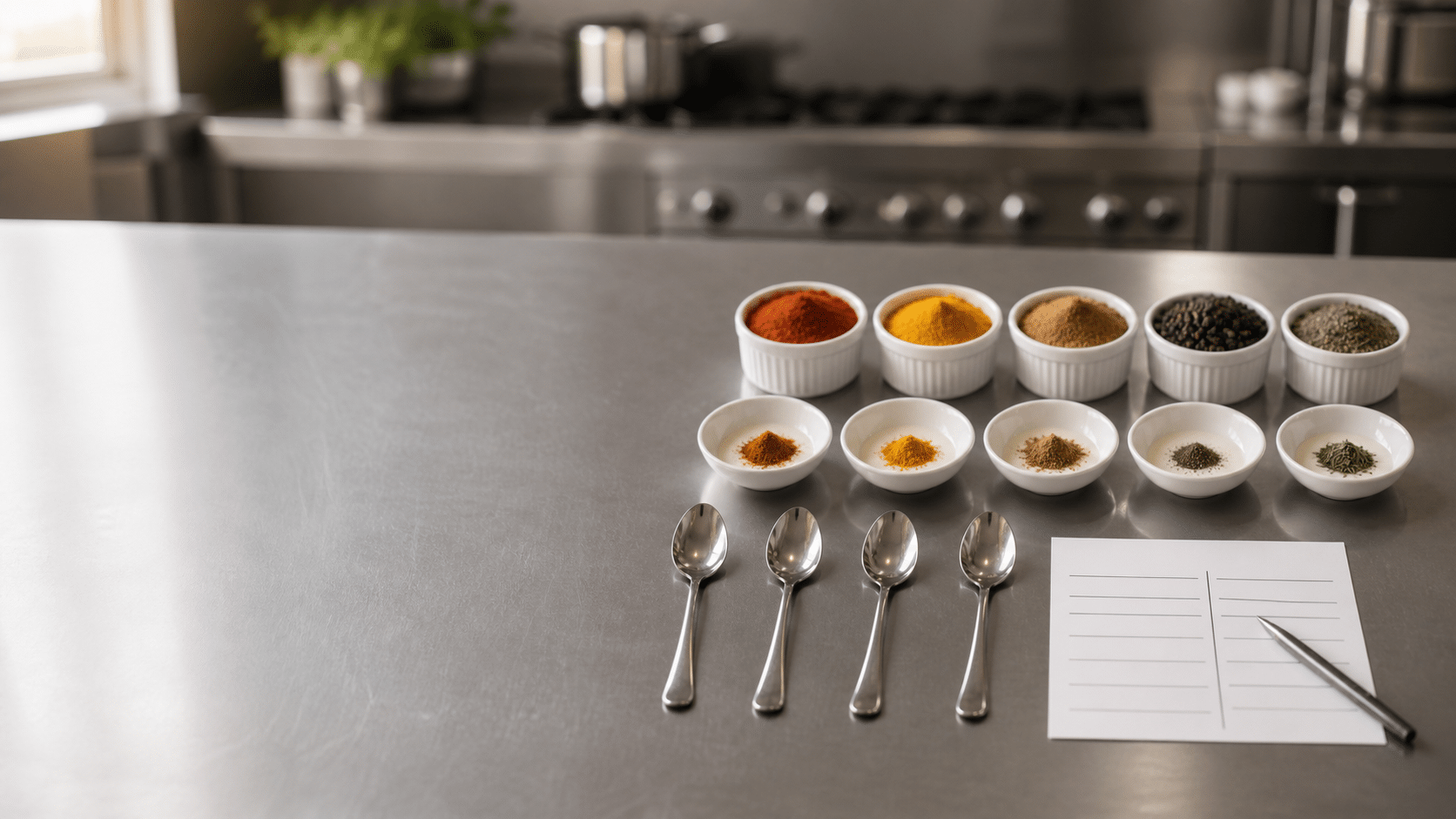 Échantillons d’épices préparés pour une dégustation comparative en cuisine professionnelle