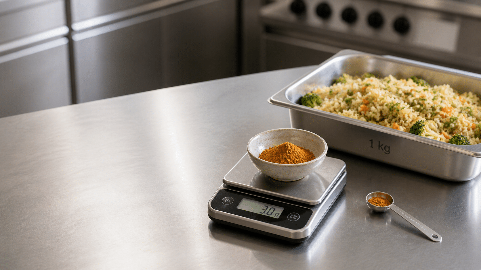 Pesée de 3 grammes d’épices pour une préparation professionnelle de 1 kg