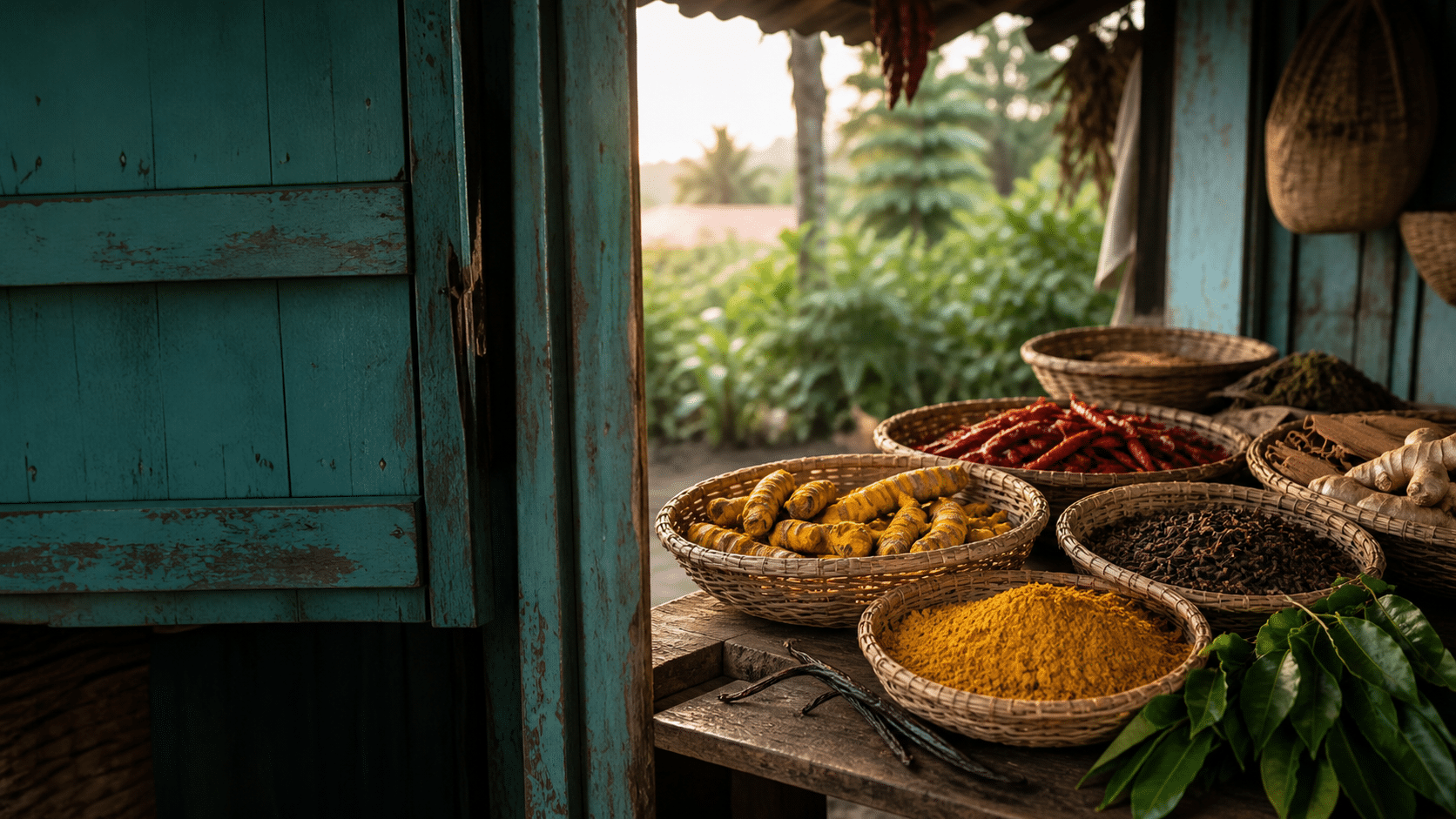 Piments, curcuma, gingembre et épices créoles présentés dans un marché tropical