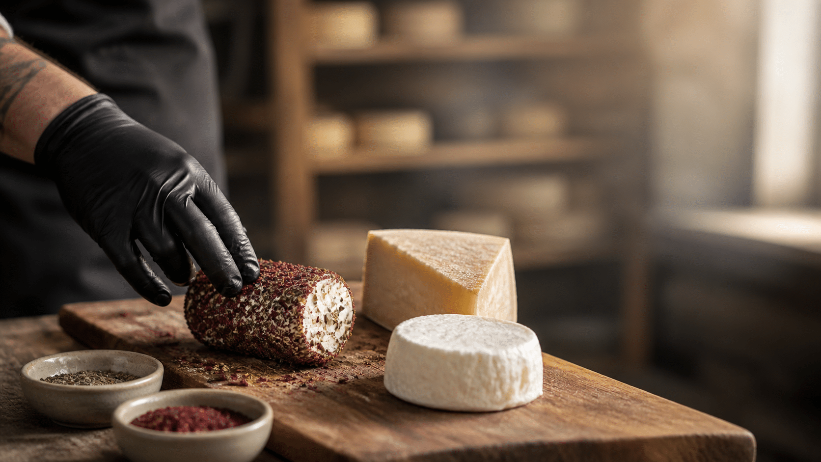 Fromager enrobant un fromage frais de sumac et d’herbes sur une planche en bois