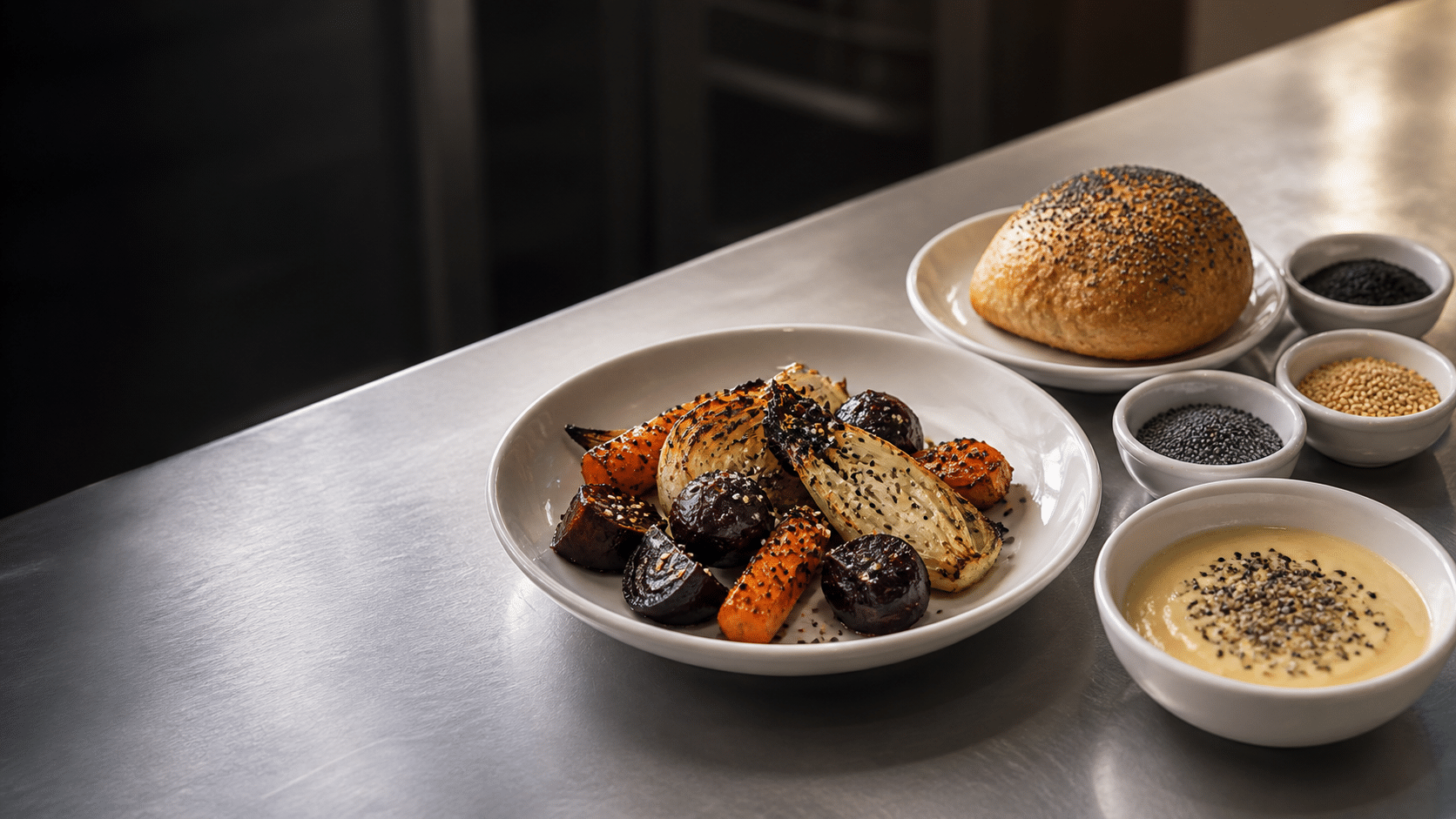 Légumes, pain et sauce garnis de graines et de poivre concassé pour apporter de la texture