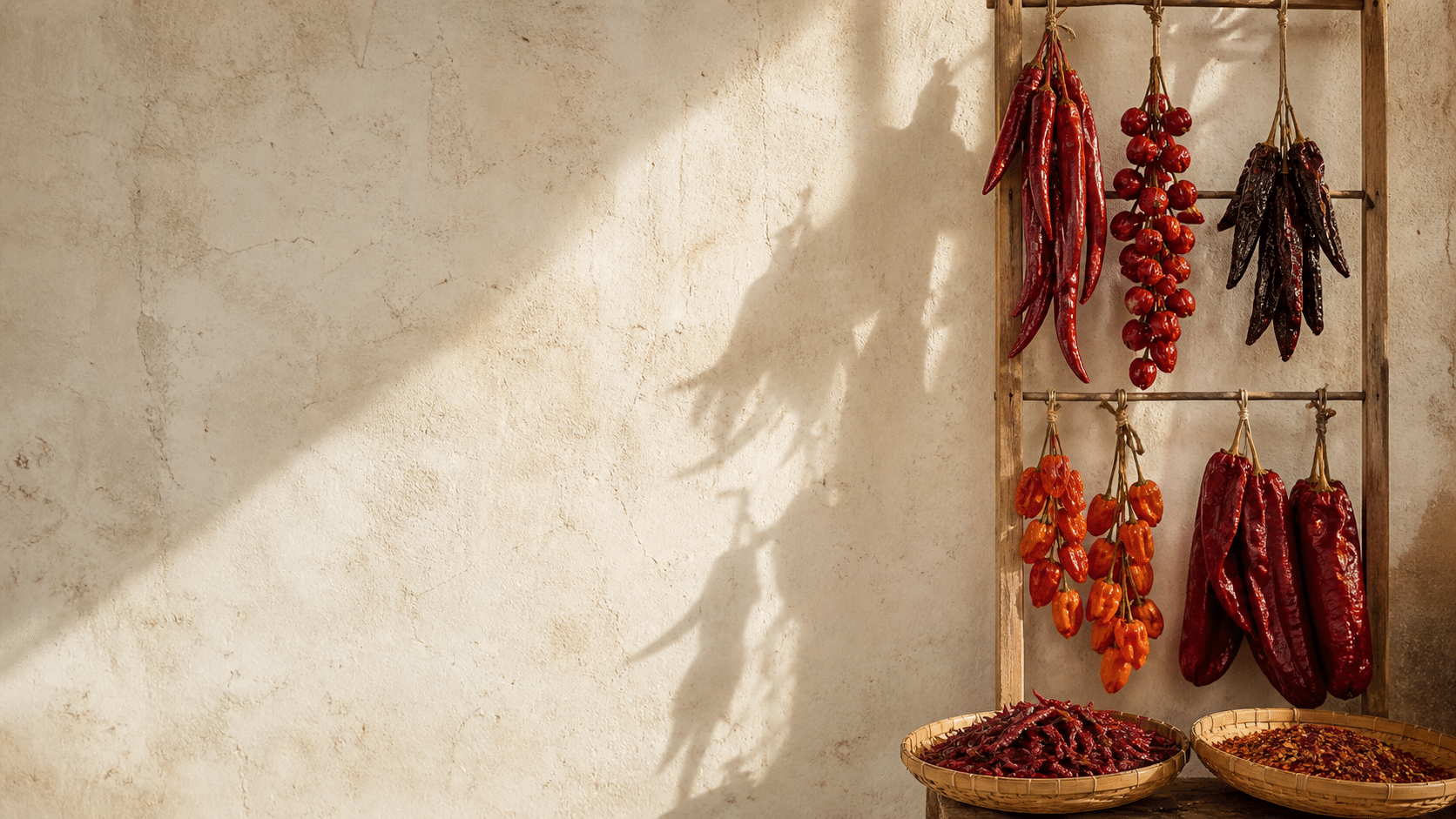 Différentes variétés de piments rouges et orange suspendues dans un séchoir
