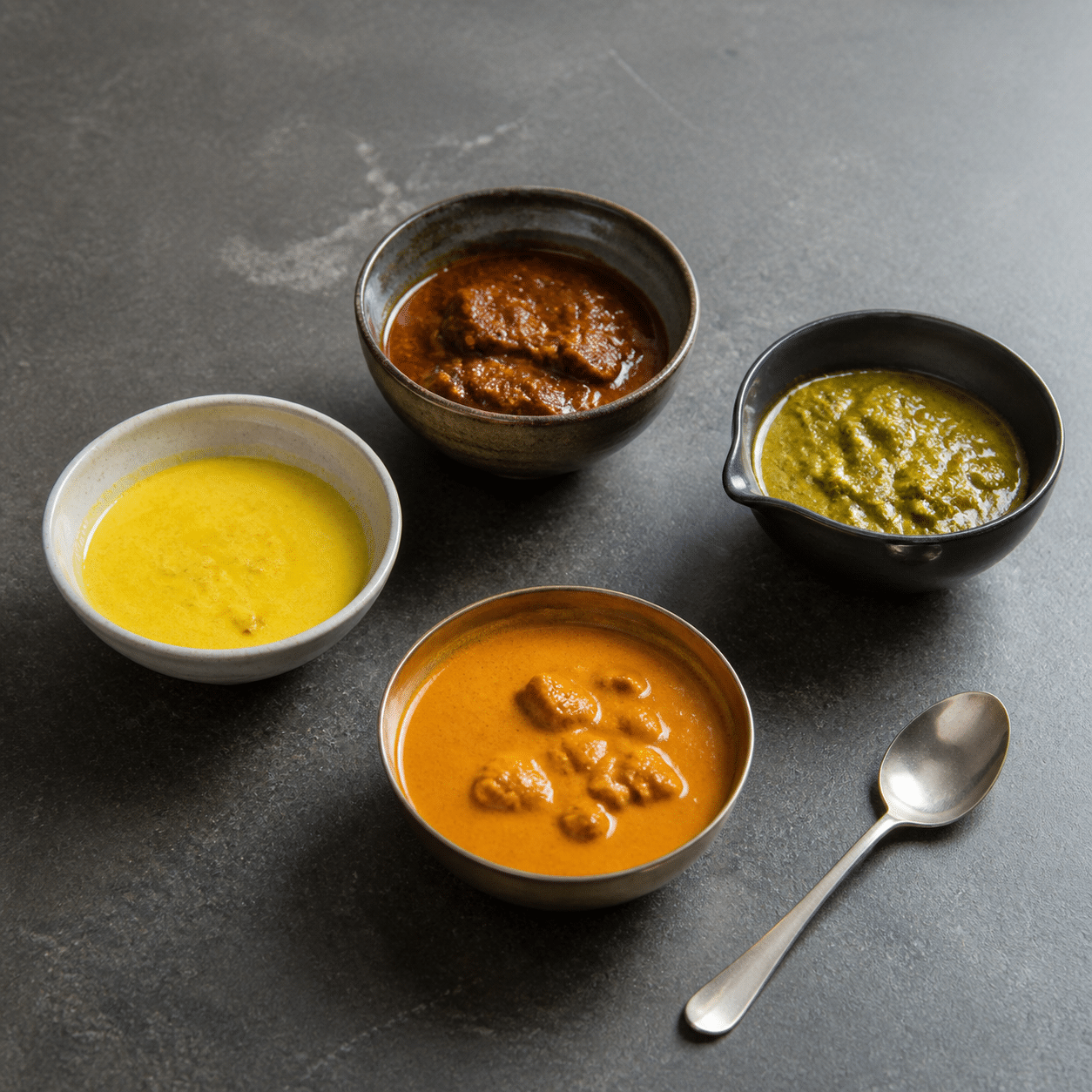 Quatre préparations de curry aux couleurs et profils aromatiques différents