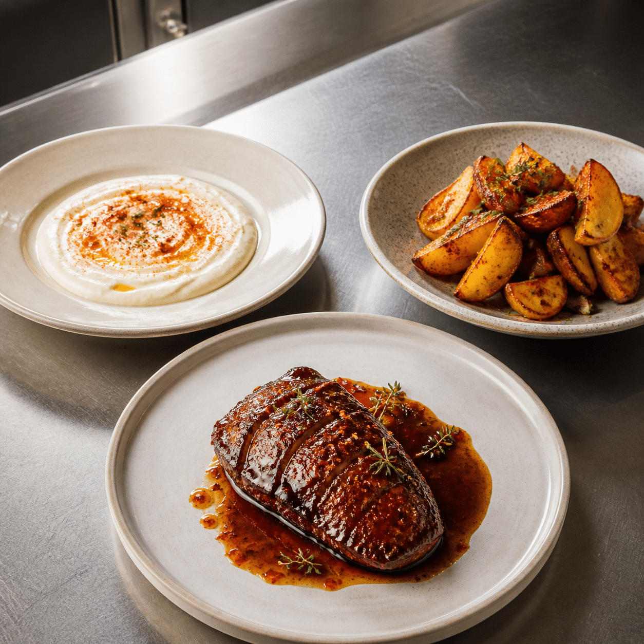 Sauce, pommes de terre et viande préparées avec différents types de paprika