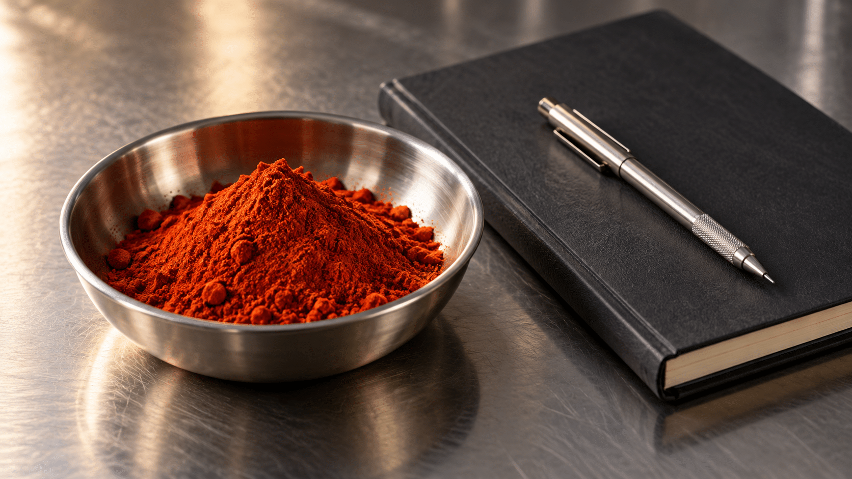 Bol de paprika et carnet fermé sur un plan de travail en inox